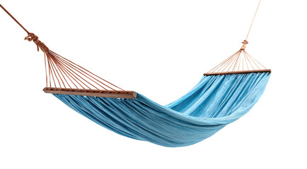 Blue fabric hammock suspended with ropes, isolated on transparent cutout background
