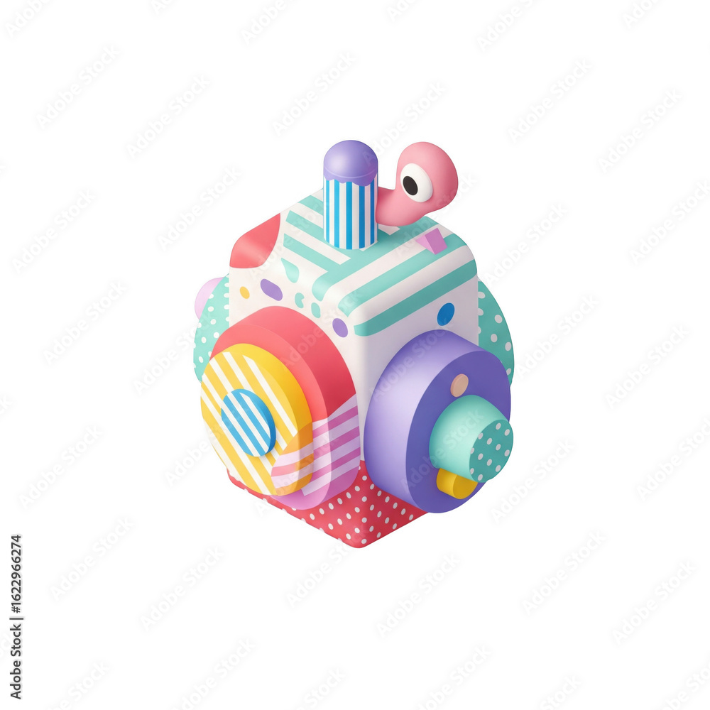 Aufkleber stylized whimsical camera with vibrant patterns on black background rendering