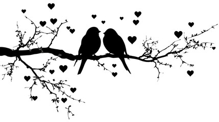 Love Birds on a Tree Branch with Hearts Silhouette

