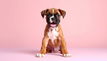 Adorable Fawn Boxer Puppy on Pink Background, Generated image