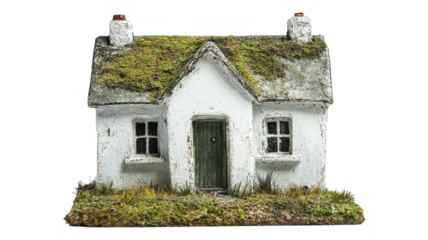 Charming miniature white house with mossy roof set on an transparent background
