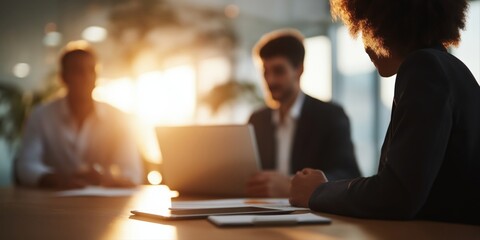 Business meeting with diverse professionals in modern office at sunset