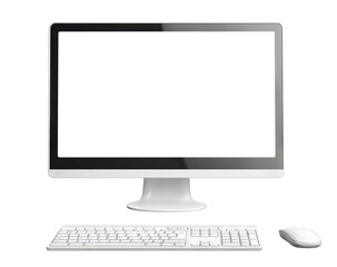 Desktop computer with blank screen, keyboard and mouse, isolated on transparent cutout background