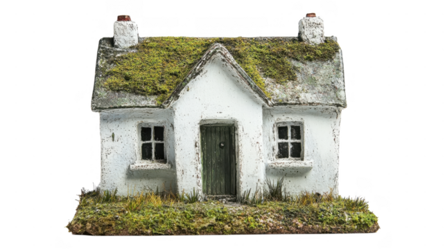 Charming miniature white house with mossy roof set on an transparent background