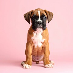 Adorable Cachorro Boxer Leonado sobre Fondo Rosa, Generated image