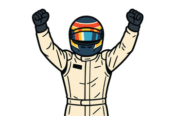 Vector illustration of a racing driver celebrating victory with arms raised