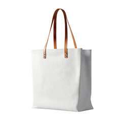 White canvas tote bag with leather handles, isolated on transparent cutout background