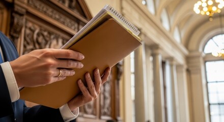 Hands hold a file in an ornate building with pillars and detailed woodwork