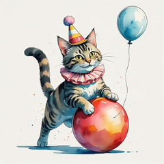 Fototapeta premium Cute kitten in a festive hat and clown collar balances on a red ball, the balloon is blue. Joyful watercolor illustration.