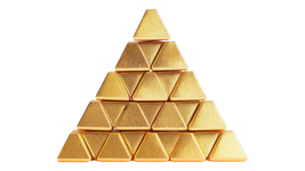 Pyramid structure made of gold-colored triangular blocks on a clean background