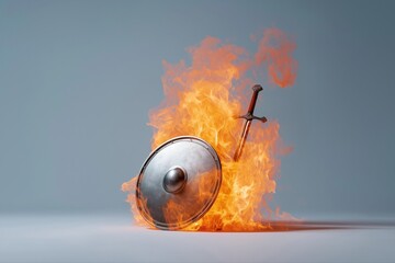 Sword and shield engulfed in flames against gray background