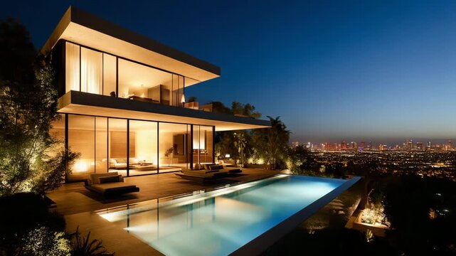 Modern Luxury Villa with Infinity Pool and City View at Night Time Lapse Progression