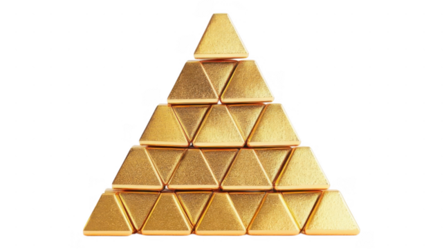 Pyramid structure made of gold-colored triangular blocks on a clean background