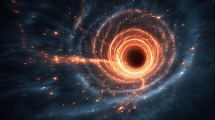 A mesmerizing cosmic vortex with swirling orange light and dark blue hues, creating a stunning abstract representation of a black hole in space