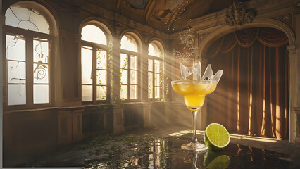 A refreshing golden cocktail sits on a wet table in a grand, abandoned room. Sunlight streams through broken windows, highlighting dust and elegance.