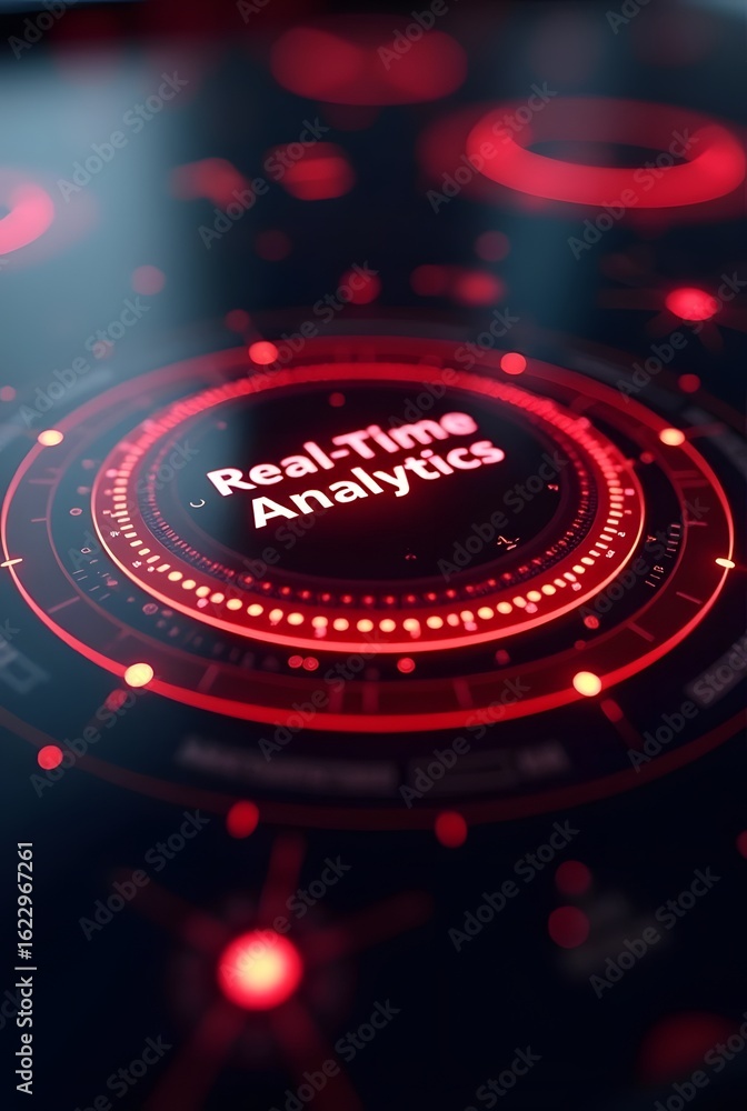 Poster red glowing circles create a futuristic interface, vertical composition. the central display shows r