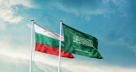 Bulgaria and Saudi Arabia friendship flags are waving in the sky. Two country flag for agreement or deal. Bulgaria KSA national flag for commitment.