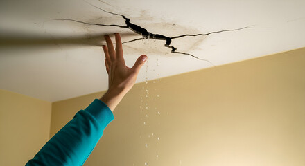A person's hand reaches towards a damaged ceiling with water leaking.
