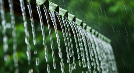 Close-up view of rain pouring off a green roof gutter, blurred background.