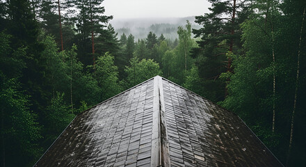 View from a rooftop overlooking a dense green forest with mist and fog in the distance.