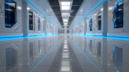 Futuristic stainless steel cabinet interior with blue led lights in a sci-fi lab design