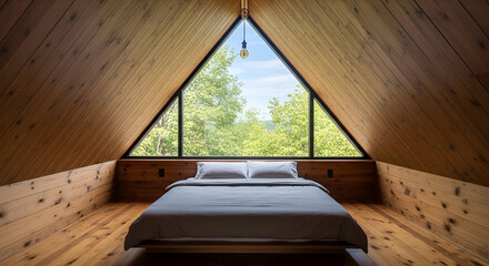 Wooden cabin bedroom with a large triangular window overlooking a forest.