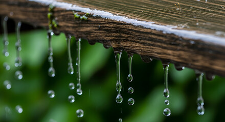Water droplets hang from a weathered wooden beam, glistening against a blurred green foliage backdrop.