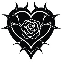 Black heart rose thorny tribal design white