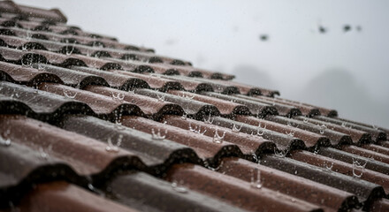 Rainwater cascading down a dark brown tiled roof during a gloomy day.