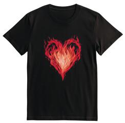 Black T-shirt with a bright flaming heart print centered, vivid and bold design on a transparent background. Perfect for edgy, expressive fashion styles.