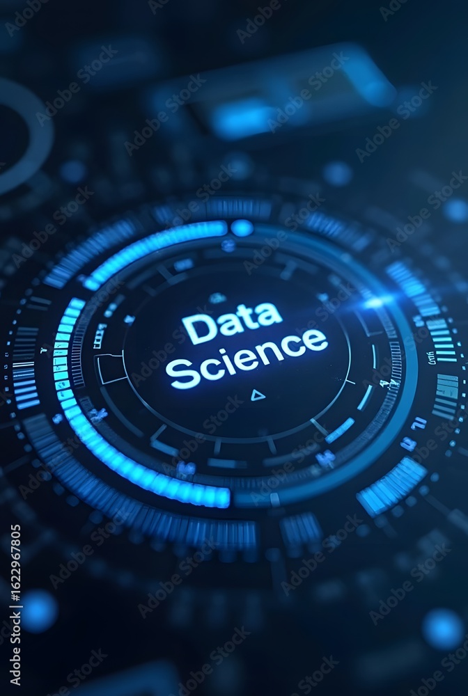 Poster vibrant blue hues illuminate a futuristic data science interface, vertical composition. this captiva