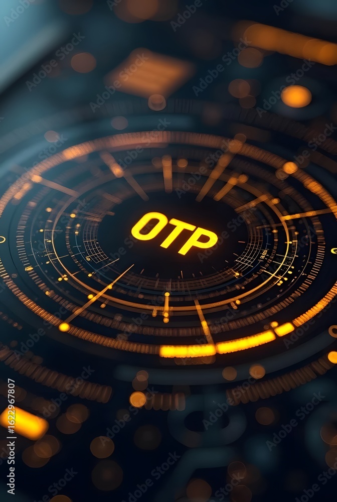 Poster abstract digital background featuring a glowing otp acronym at the center, vertical composition. the