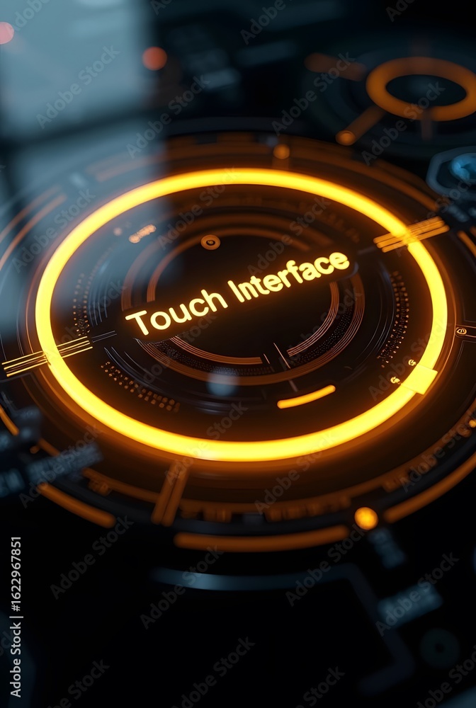 Poster futuristic orange glow illuminates a sleek touch interface design, vertical composition. this high-r
