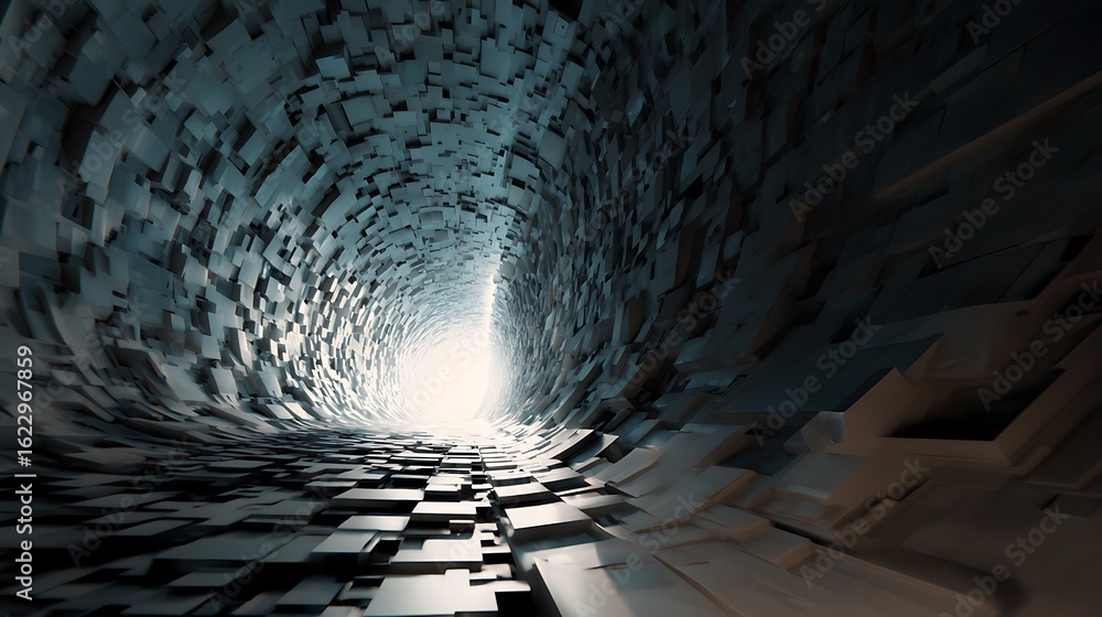 Poster abstract stone tunnel with bright light at the end, a futuristic design with geometric shapes and ro