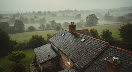 Misty valley view from a stone house's roof, showcasing a tranquil, rain-soaked landscape.
