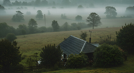 A rural scene featuring a house nestled in a misty field, surrounded by trees.