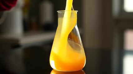 Time-Lapse Video of a Yellow Liquid Being Poured into a Glass Flask on a Table - Powered by Adobe