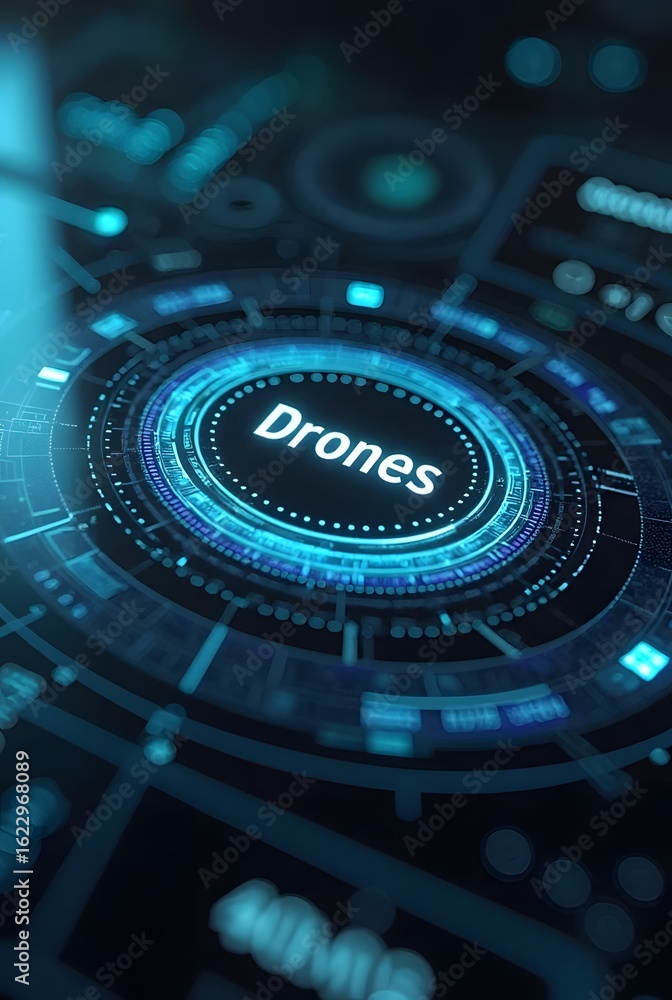 Poster abstract drone technology interface glows with vibrant teal and blue hues, vertical composition. the