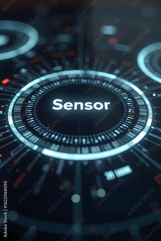 Aufkleber futuristic sensor technology interface design features vibrant teal and orange accents, vertical com