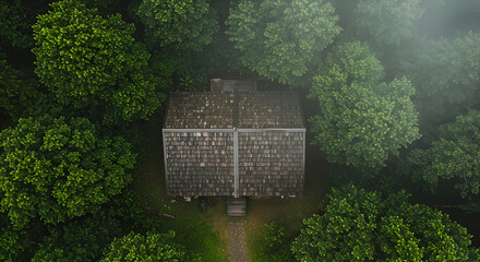 A secluded, moss-covered cabin nestled within a dense, misty forest.