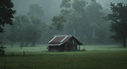 A small, weathered cabin sits in a field during a heavy rainstorm, surrounded by trees.