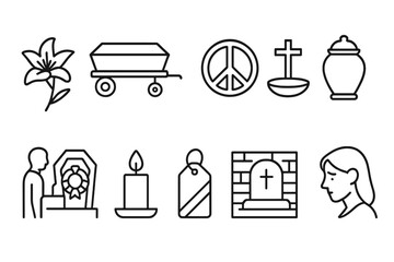 Funeral and memorial linear icon set. flowers, peace, and tributes in line art