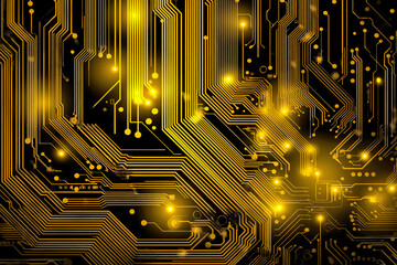 Fototapeta na wymiar Golden Glowing Circuit Board Background for Futuristic Technology Concept 