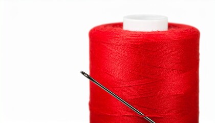 Top-down image of a red spool of thread with a silver sewing needle resting diagonally against it, all set against a clean white background.