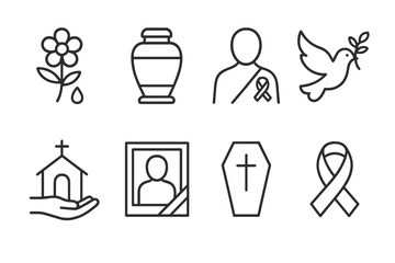 Memorial and funeral outline icon set. symbols of remembrance and tribute