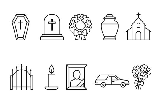 Funeral, memorial linear icon set. commemorative services icons outline collection