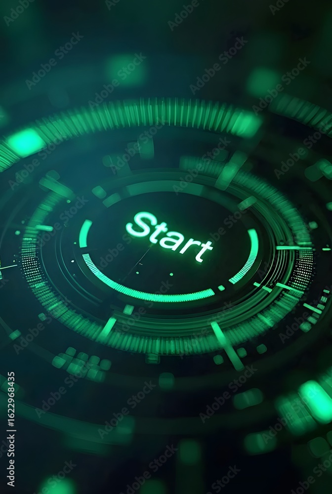 Poster futuristic green interface design showcases a vibrant circular start button, vertical composition. i