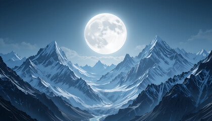 Majestic Full Moon Over Snowy Mountains Background for Commercial Use - Abstract Winter Landscape, Ideal for Travel, Adventure, and Wallpaper