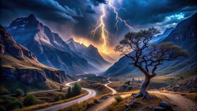 A Majestic Mountain Valley Road with a Lone Tree Silhouetted Against a Dramatic Lightning Storm at Sunset