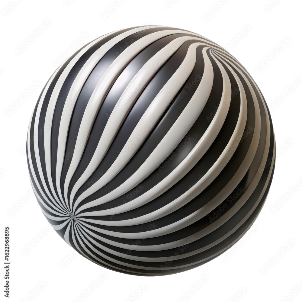 Poster abstract black and white swirling stripes forming a spherical orb with depth and dimension isolated 